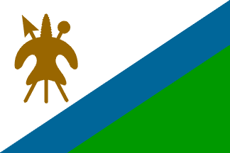 Lesotho flag with diagonal blue and green fields and a gold Basotho hat