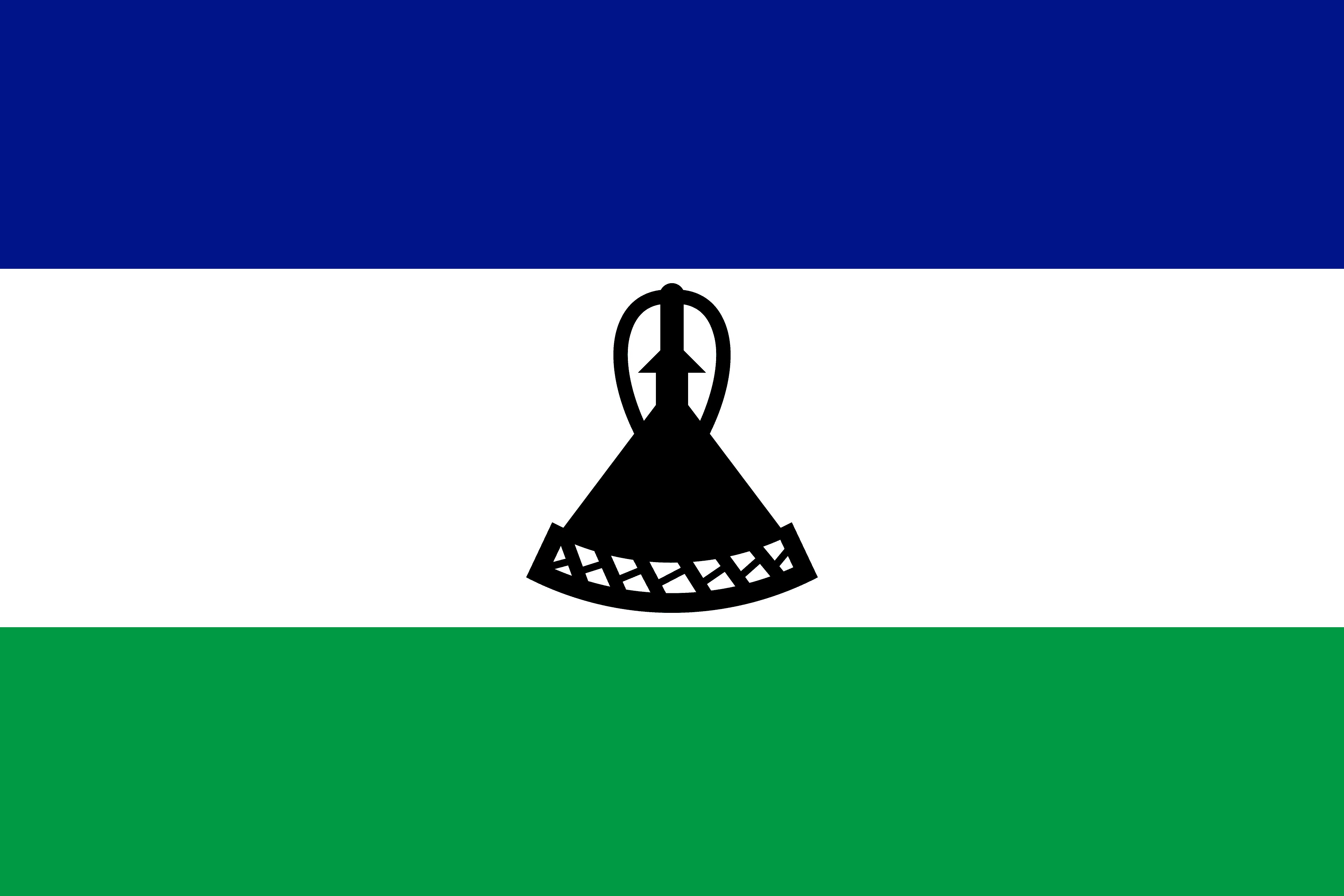 Current Lesotho flag in blue, white, and green with a black Basotho hat